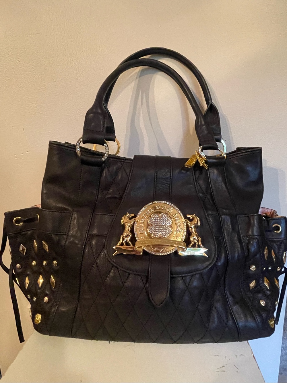 VTG Charm & Luck Quilted Leather Studded Shoulder Bag Y2K McBling Pink Lining